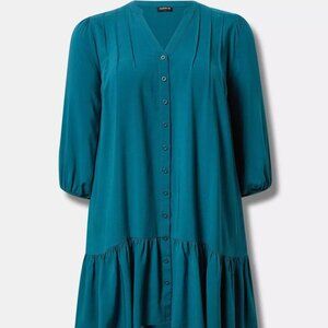 Mini Rayon Slub 3/4 Sleeve Trapeze Pleat Dress